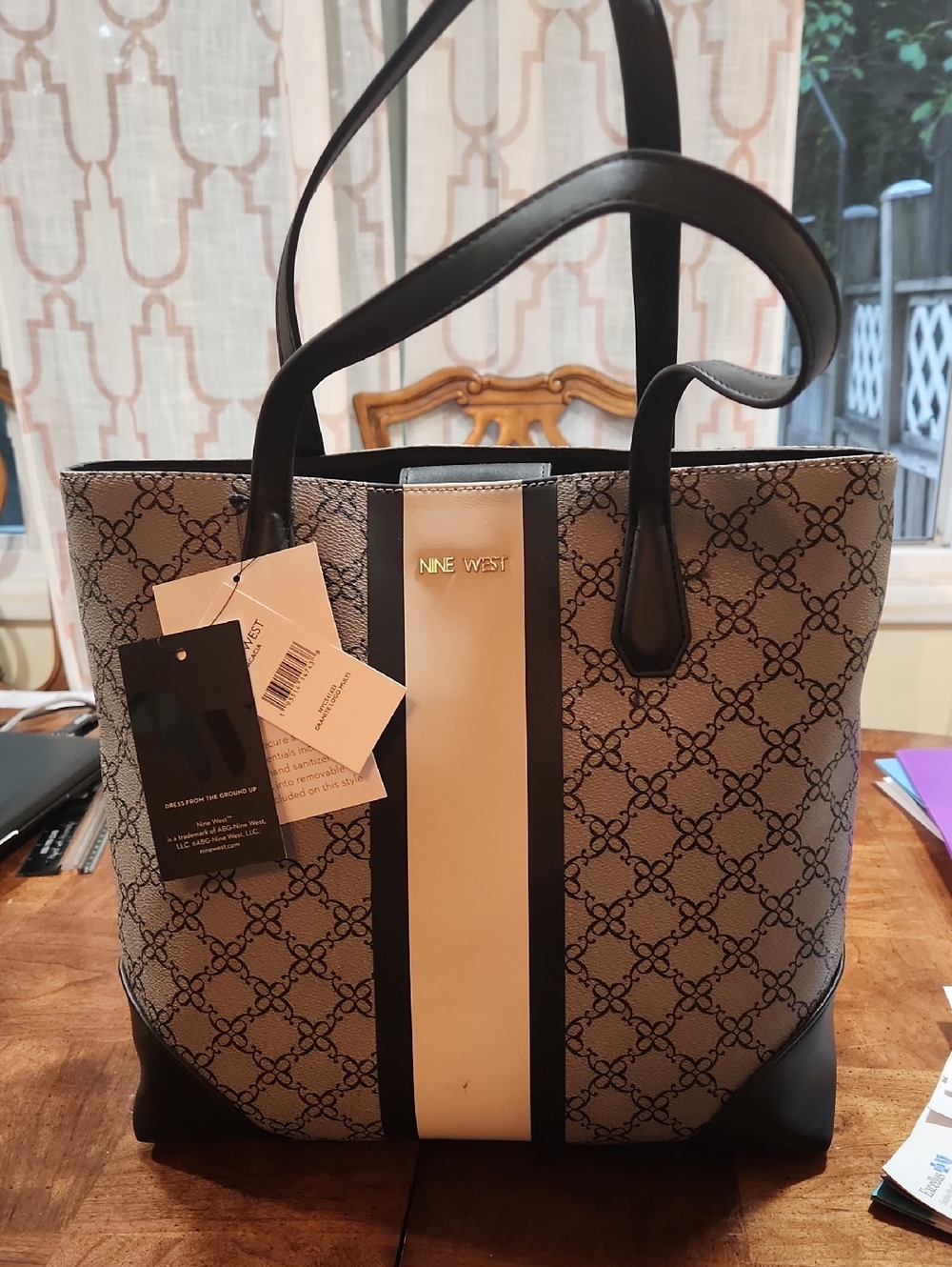 Nine West Beige, Black and Cream Logo Stripe Tote